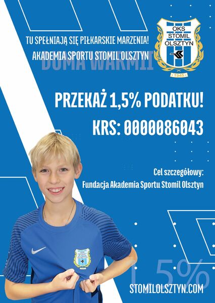 Grafika promująca oddanie 1,5 procenta na AS Stomil Olsztyn. Fot. stomilolsztyn.com